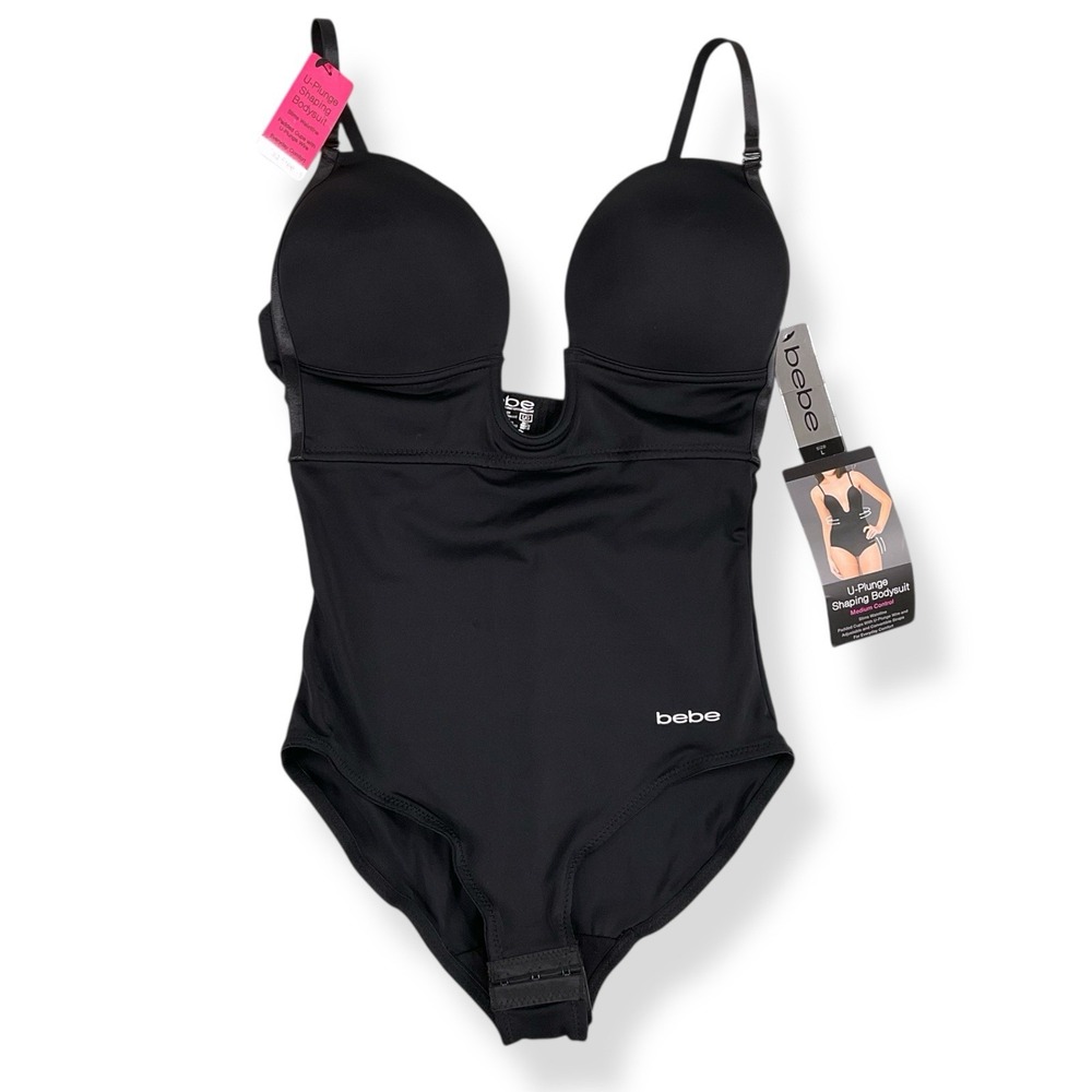 BEBE Shapewear U-Plunge Shaping Bodysuit Black Large Medium Control NWT